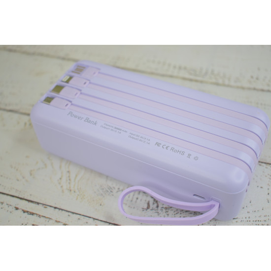 Повербанк с20 на 30000 mAh с встроенными кабелями PowerBank для портативной техники Сиреневый