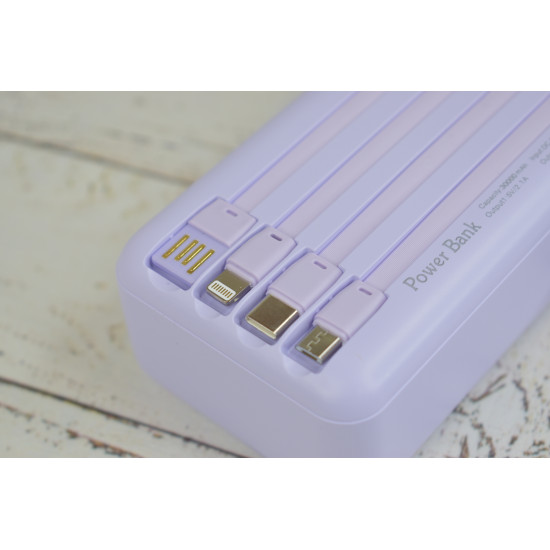 Повербанк с20 на 30000 mAh с встроенными кабелями PowerBank для портативной техники Сиреневый