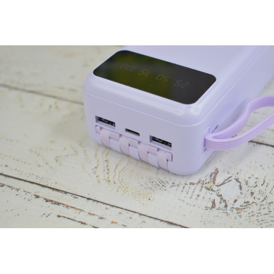 Повербанк с20 на 30000 mAh с встроенными кабелями PowerBank для портативной техники Сиреневый