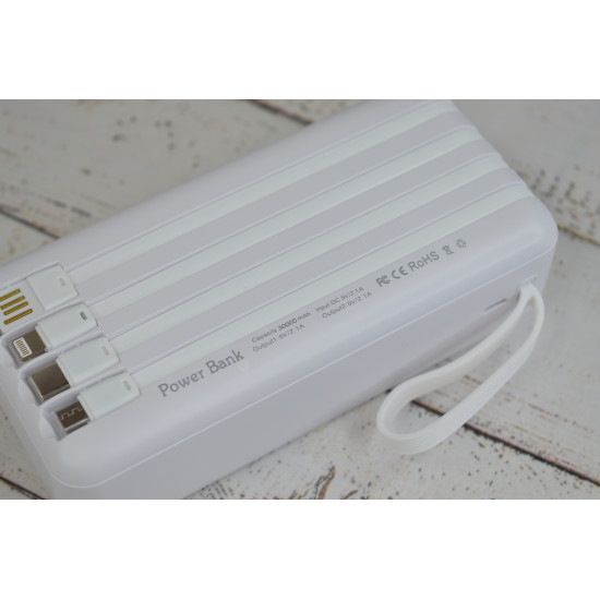 Повербанк с20 на 30000 mAh с встроенными кабелями PowerBank для портативной техники Белый