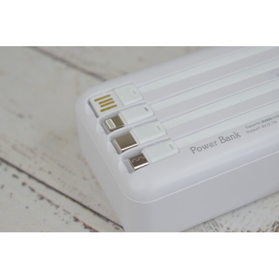 Повербанк с20 на 30000 mAh с встроенными кабелями PowerBank для портативной техники Белый