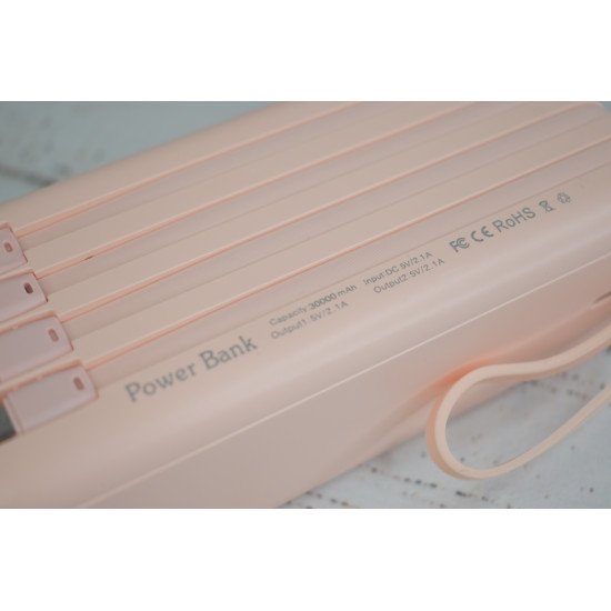 Повербанк с20 на 30000 mAh с встроенными кабелями PowerBank для портативной техники Розовый