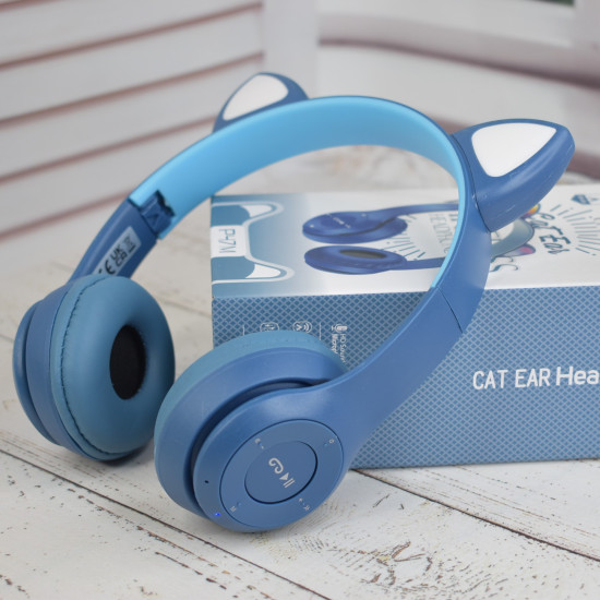 Наушники с ушками беспроводные P47M с подсветкой Bluetooth Сине-голубые