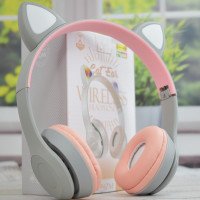 Наушники с ушками беспроводные P47M с подсветкой Bluetooth Серо-розовые