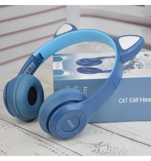 Наушники с ушками беспроводные P47M с подсветкой Bluetooth Сине-голубые