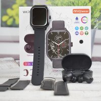 Комплект WK76 BIG 2.02 – Смарт часы + 3 ремешка + TWS вакуумные наушники Черные