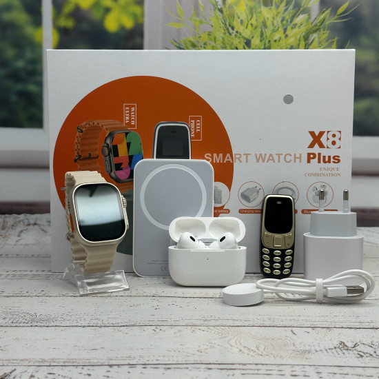 Комплект X8Plus Smart Watch Ultra 2 + Air pro + Павербанк + Телефон White
