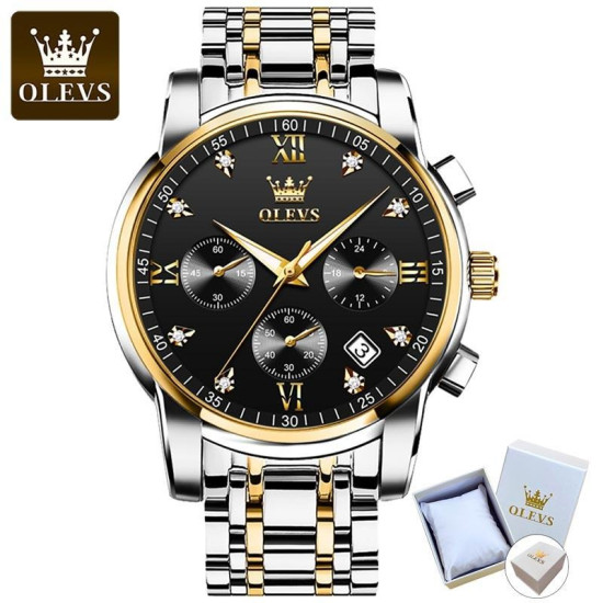 Часы мужские Olevs 2858 Black Accents кварцевые с тремя циферблатами, бизнес-классика с датой