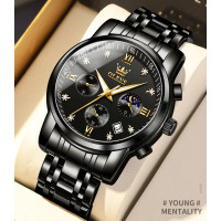 Мужские часы Olevs 2858 Black, классический кварцевый хронограф, премиум дизайн, черный браслет