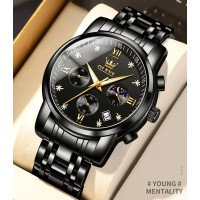 Мужские часы Olevs 2858 Black, классический кварцевый хронограф, премиум дизайн, черный браслет