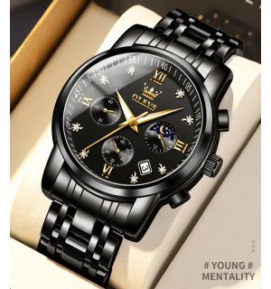 Мужские часы Olevs 2858 Black, классический кварцевый хронограф, премиум дизайн, черный браслет