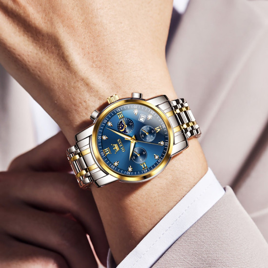 Часы Olevs 2858 Blue Accents | мужские кварцевые часы с коробкой, водонепроницаемые, люминесцентные стрелки