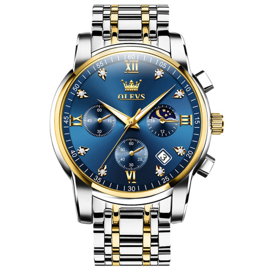 Часы Olevs 2858 Blue Accents | мужские кварцевые часы с коробкой, водонепроницаемые, люминесцентные стрелки