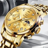 Мужские наручные часы Olevs 2858 Gold Золотые кварцевые часы с браслетом и декором "день-ночь"