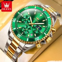 Классические мужские наручные часы Olevs 2870 Green Accents | Стильные кварцевые часы с хронографом