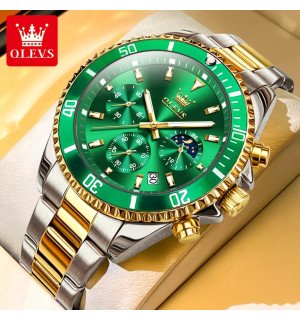 Классические мужские наручные часы Olevs 2870 Green Accents | Стильные кварцевые часы с хронографом