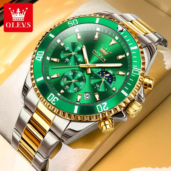 Классические мужские наручные часы Olevs 2870 Green Accents | Стильные кварцевые часы с хронографом